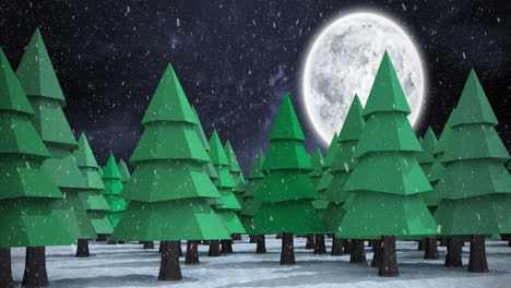 Animation-Von-Fallendem-Schnee-über-Einer-Winternachtlandschaft-Mit-Tannen