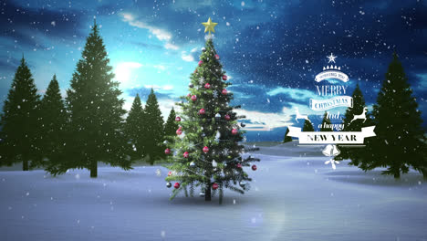 Animation-of-christmas-greetings-over-winter-landscape-background-with-christmas-tree