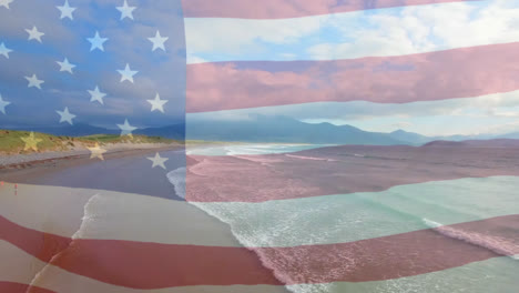 Digital-composition-of-waving-us-flag-against-aerial-view-of-beach-and-sea-waves