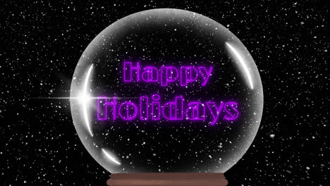 Animation-of-happy-holidays-text-in-snow-globe-over-snow-falling-on-black-background-at-christmas