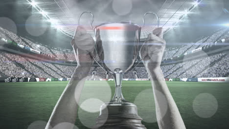 Animation-of-spots-of-light-over-caucasian-man-holding-silver-cup-in-sports-stadium