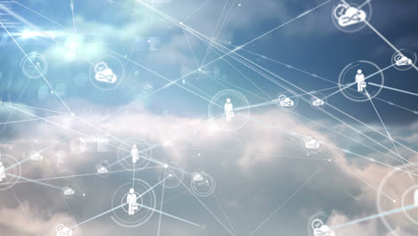 Animation-of-networks-of-connections-with-icons-over-sky-with-clouds