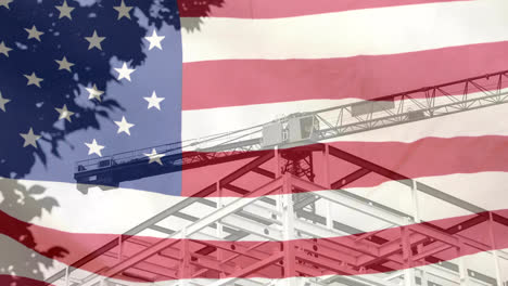 Animation-of-construction-site-and-crane-with-american-flag
