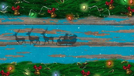 Christmas-wreath-over-santa-claus-in-sleigh-being-pulled-by-reindeers-against-wooden-plank