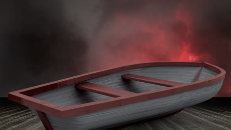 Animation-of-boat-on-wooden-surface-with-red-lightning-and-clouds-on-sky