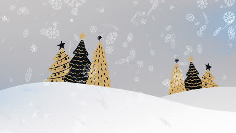 Snowflakes-falling-over-winter-landscape-against-multiple-christmas-tree-icons-on-grey-background