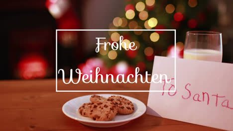 Animation-of-frohe-weihnachten-greeting-text-in-frame-over-cookies-and-milk-for-santa-claus