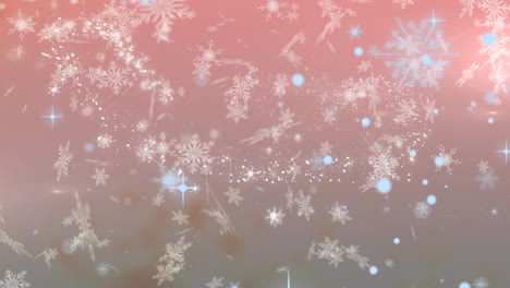 Digital-animation-of-snowflakes-falling-against-spot-of-light-on-pink-background
