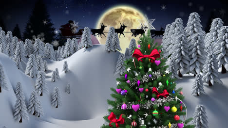Snowflakes-falling-over-christmas-tree-on-winter-landscape-and-moon-in-the-night-sky