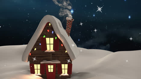 Animation-of-snow-falling-in-night-winter-landscape-and-house