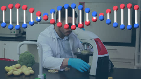 Animation-of-dna-strand-spinning-over-male-doctor-working-in-lab