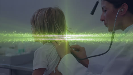Animation-of-light-trails-over-diverse-doctor-and-patient-background