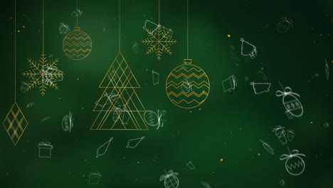 Animation-of-falling-christmas-symbols-over-christmas-decorations-on-green-background