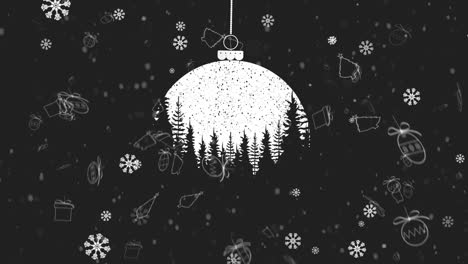 Animation-of-falling-snow-over-christmas-baubles-on-grey-background