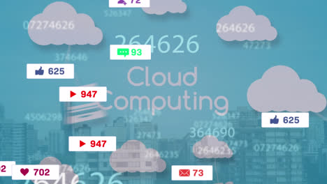 Animation-Von-Mediensymbolen-über-Cloud-Computing-Text-Und-Stadt