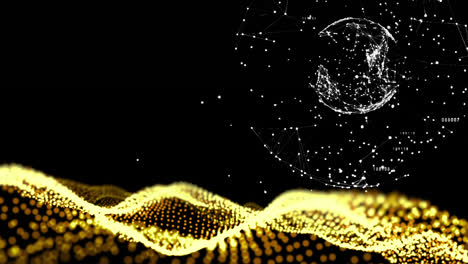 Animation-of-network-of-connections,-globe-and-golden-glitter-on-black-background