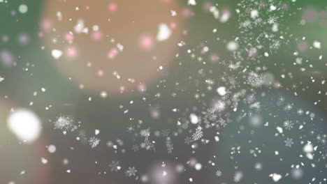 Digitale-Animation-Von-Fallendem-Schnee-Vor-Lichtflecken-Auf-Grünem-Hintergrund