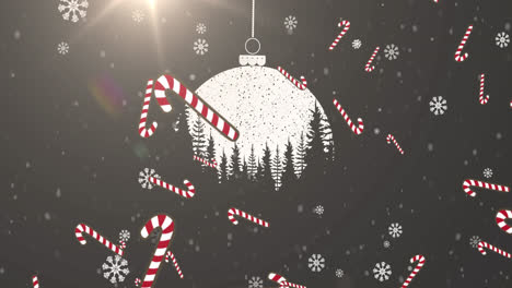 Animation-of-candy-cane-falling-over-christmas-decorations