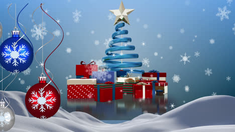 Snowflakes-falling-over-christmas-bauble-hanging-decorations-and-gifts-against-blue-background