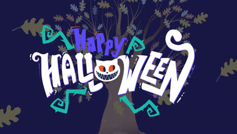 Animation-Von-Halloween-Grüßen-Und-Katzenkopf-Auf-Dunkelblauem-Hintergrund-Mit-Baum