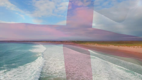 Digital-composition-of-waving-england-flag-against-aerial-view-of-the-beach