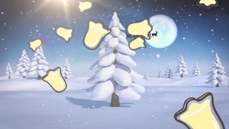 Snow-and-multiple-chritsmas-bell-icons-falling-over-winter-landscape-and-moon-in-the-night-sky