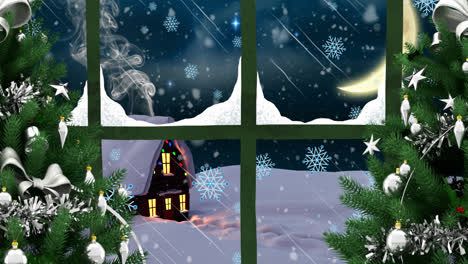 Animation-of-snow-falling-over-house-with-christmas-fairy-lights-seen-through-window