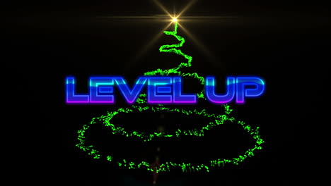 Animation-of-level-up-text-in-blue-letters-over-green-christmas-tree-and-spot-of-light