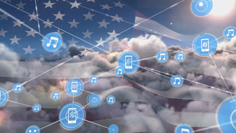 Animation-of-network-of-connection-and-icons-over-usa-flag-and-cloudy-sky