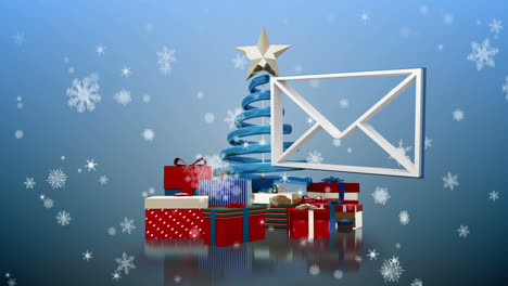 Message-icon-floating-over-and-snowflakes-falling-over-christmas-tree-and-multiple-gift-boxes
