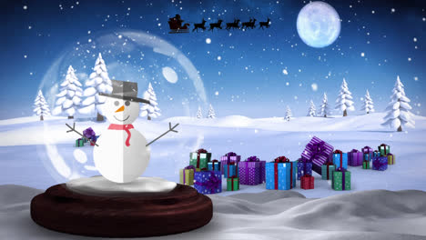Snow-falling-over-snowman-in-a-snow-globe-against-christmas-gifts-on-winter-landscape-and-night-sky