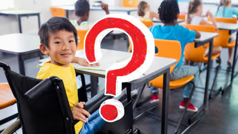 Animation-of-red-question-mark-over-smiling-asian-schoolboy-in-wheelchair-at-desk-in-classroom