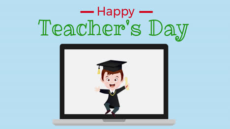 Animation-of-happy-teacher's-day-text-over-student-icon-on-computer-on-blue-background
