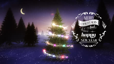 Animation-Von-Weihnachtsgrüßen-über-Winterlandschaftshintergrund-Mit-Weihnachtsbaum