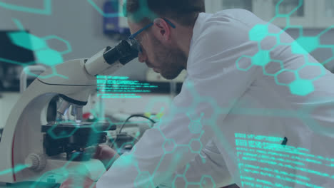 Animation-of-data-processing-and-molecules-over-male-doctor-working-in-lab
