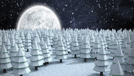 Animation-of-snow-falling-over-winter-night-landscape-with-fir-trees