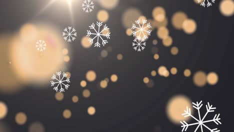 Animation-of-falling-snow-and-glowing-spots-on-black-background