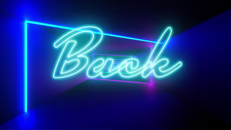 Animation-of-back-text-in-blue-neon-with-colourful-neon-light-beams-moving-on-black-background