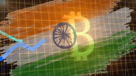 Animation-of-bitcoin-symbol-flowing-and-blue-lines-over-flag-of-india-in-background
