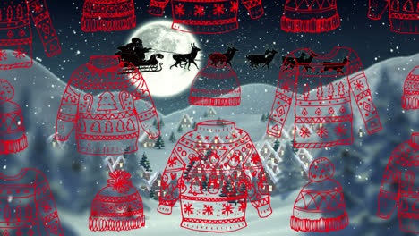 Animation-of-christmas-clothes-over-santa-claus-in-sleight-with-reindeer-in-winter-scenery