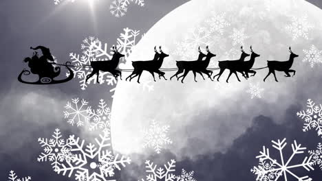 Animation-of-santa-claus-in-sleigh-with-reindeer-over-snow-falling-over-moon