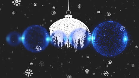 Animation-of-christmas-baubles-over-snow-falling-on-dark-background