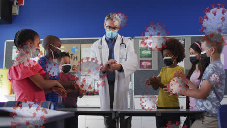 Animation-of-covid-19-cells-over-male-doctor-and-schoolchildren-in-face-mask