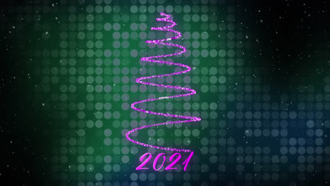 Animation-of-snow-falling-over-2021-text-and-christmas-tree-formed-with-shooting-star