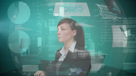 Animation-of-graphs,-data-and-caucasian-businesswoman-using-green-touchscreen