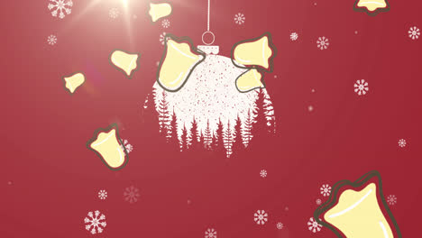 Schneeflocken-Und-Mehrere-Weihnachtsglockensymbole-Weihnachtskugel-Dekoration-Hängen-Auf-Rotem-Hintergrund