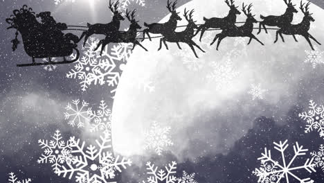 Snowflakes-falling-over-santa-claus-in-sleigh-being-pulled-by-reindeers-against-moon-in-night-sky