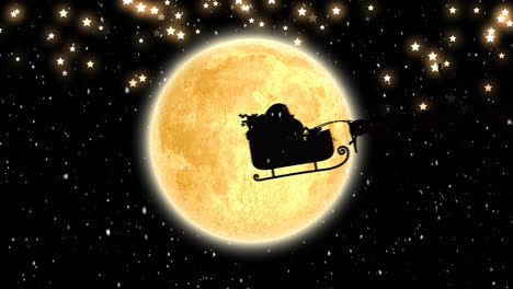 Animation-Des-Weihnachtsmanns-Im-Schlitten-Mit-Rentieren,-Die-Sich-über-Dem-Mond-Auf-Dunklem-Hintergrund-Bewegen