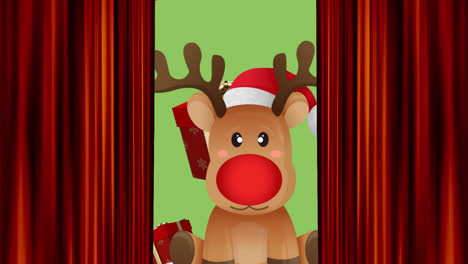 Animation-of-curtain-and-falling-gifts-over-reindeer-with-red-nose