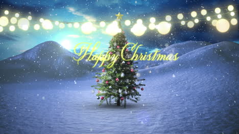 Animation-of-happy-christmas-text-over-christmas-tree-in-winter-scenery